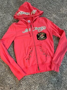Ed Hardy By Christian Audigier Hoodie Zip Up Y2K Rhinestone Tattoo Jacket